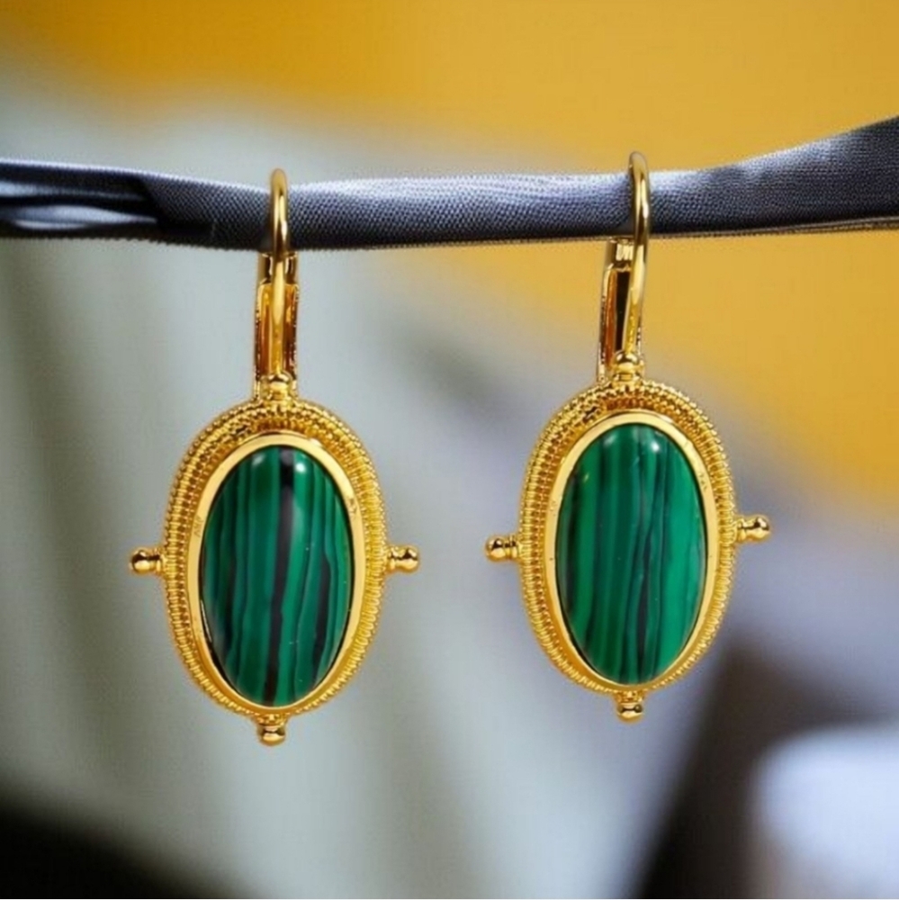 18k Gold Plated Malachite Cabochon Dangle Earrings